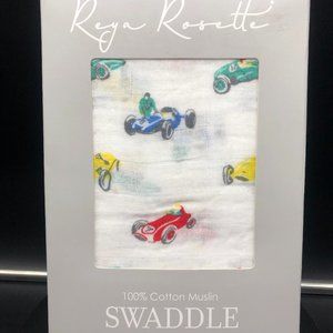 REYA ROSETTE Muslin Cotton Swaddle - Vroom Vroom Race Car Print BRAND NEW!!